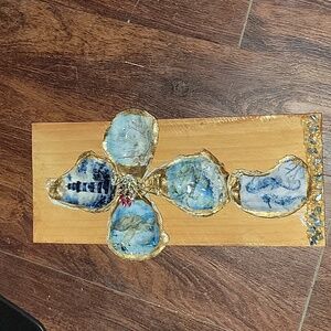 Handmade Flamingo Beach Themed Blue and Gold Oyster Shell Cross